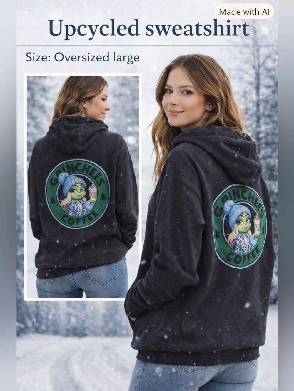 Upcycled Grinch Coffee Hoodie | Oversized Large | Winter Holiday Sweatshirt 0056